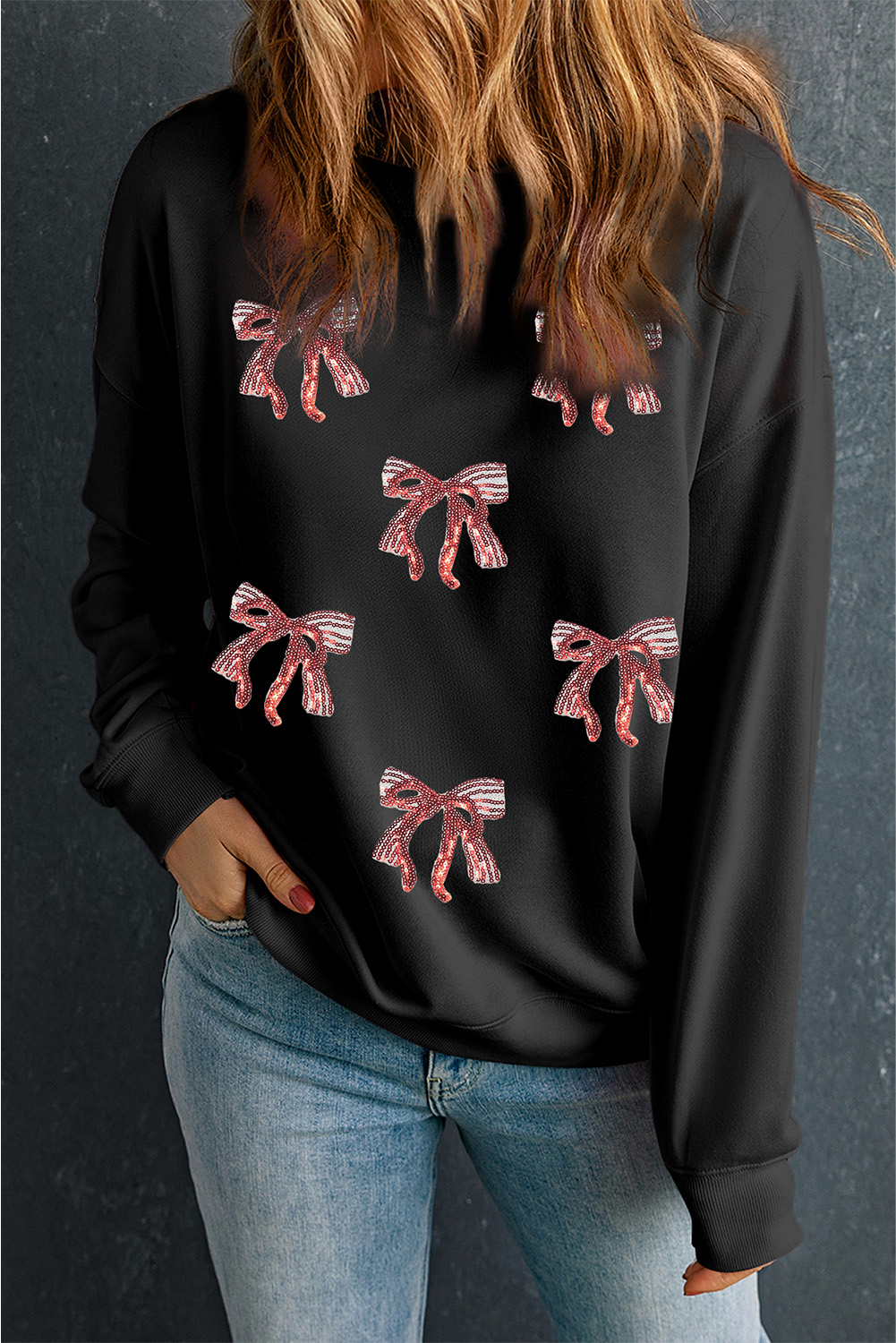 Black Christmas Fashion Sequin Ribbon Bow Patched Drop Shoulder Sweatshirt - loveforevers