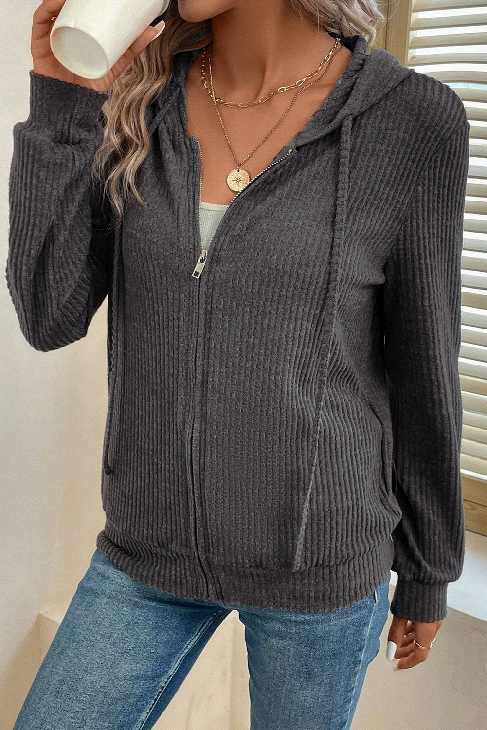 Dark Grey Ribbed Zip Up Front Drawstring Hoodie - loveforevers