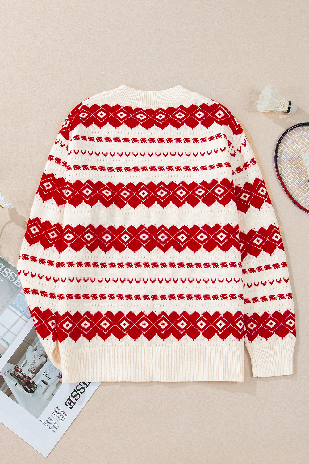 White Western Geometric Patterned Crew Neck Loose Sweater - loveforevers