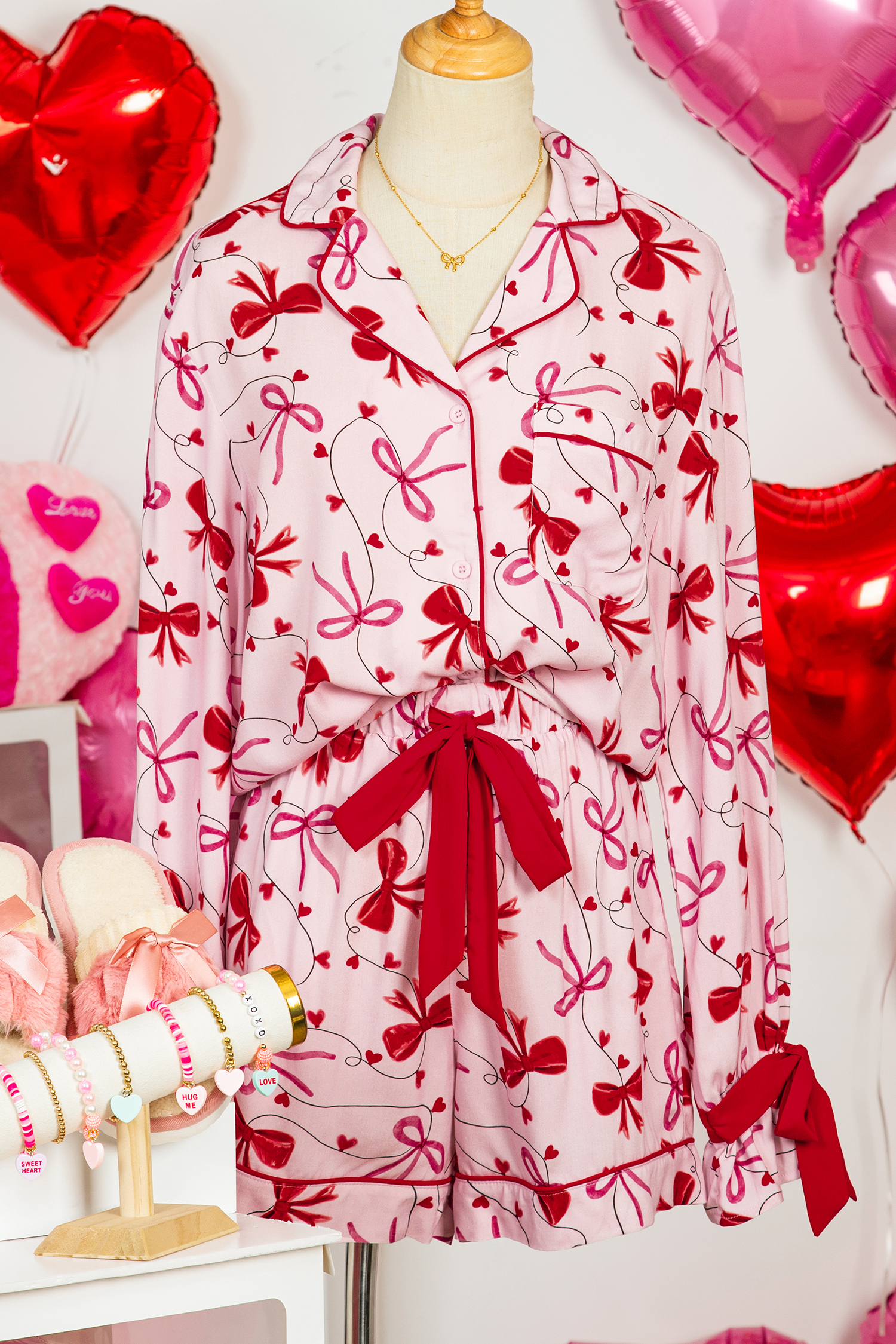 Red Bow Print Valentine Long Sleeve Shirt Shorts 2 Pcs Pajama Set - loveforevers
