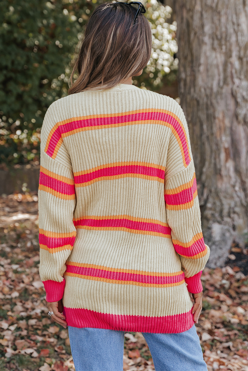 Stripe Printed Ribbed Long Knitted Cardigan - loveforevers