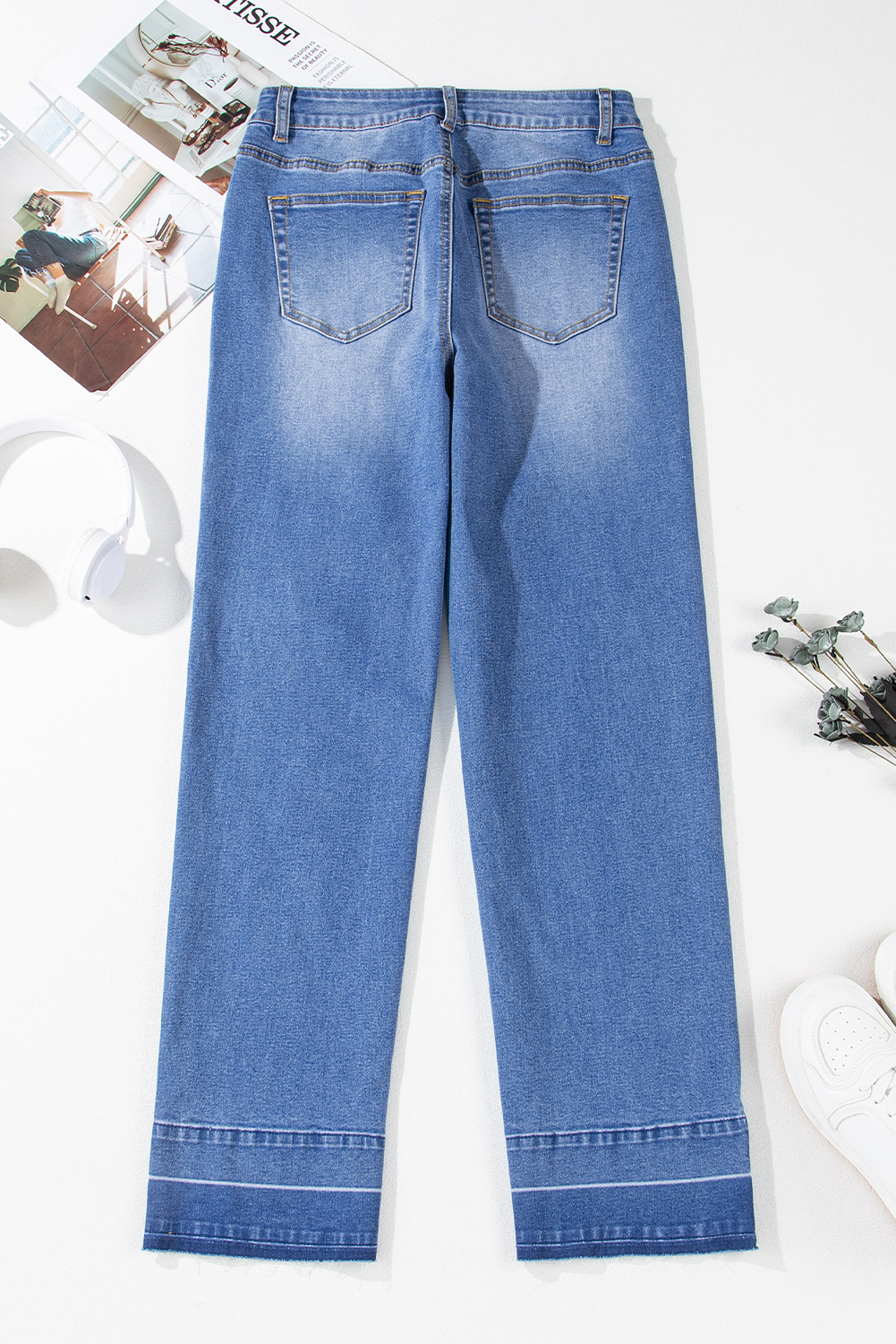 Real Teal Raw Hem Unique Cuffs Straight High Rise Loose Jeans - loveforevers