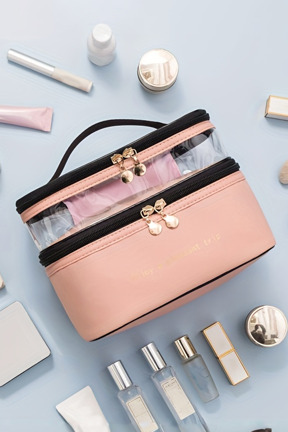 Pink Waterproof PVC Double-layer Cosmetic Bag - loveforevers