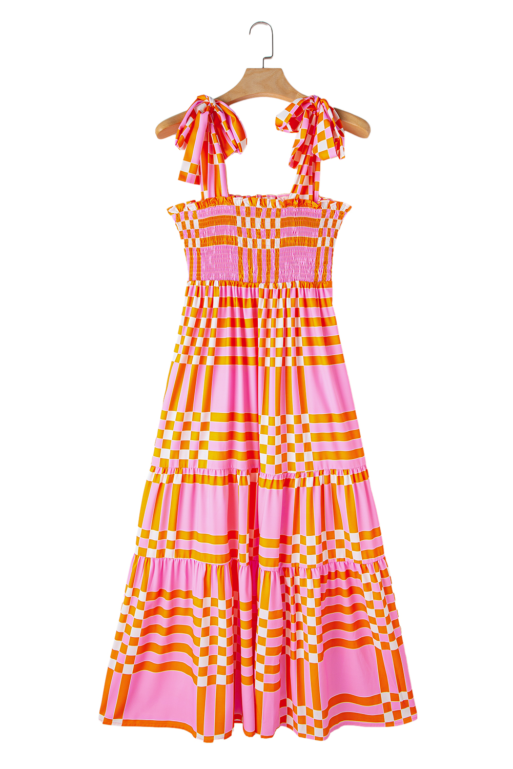 Pink Boho Gingham Tied Straps Smocked Maxi Dress - loveforevers