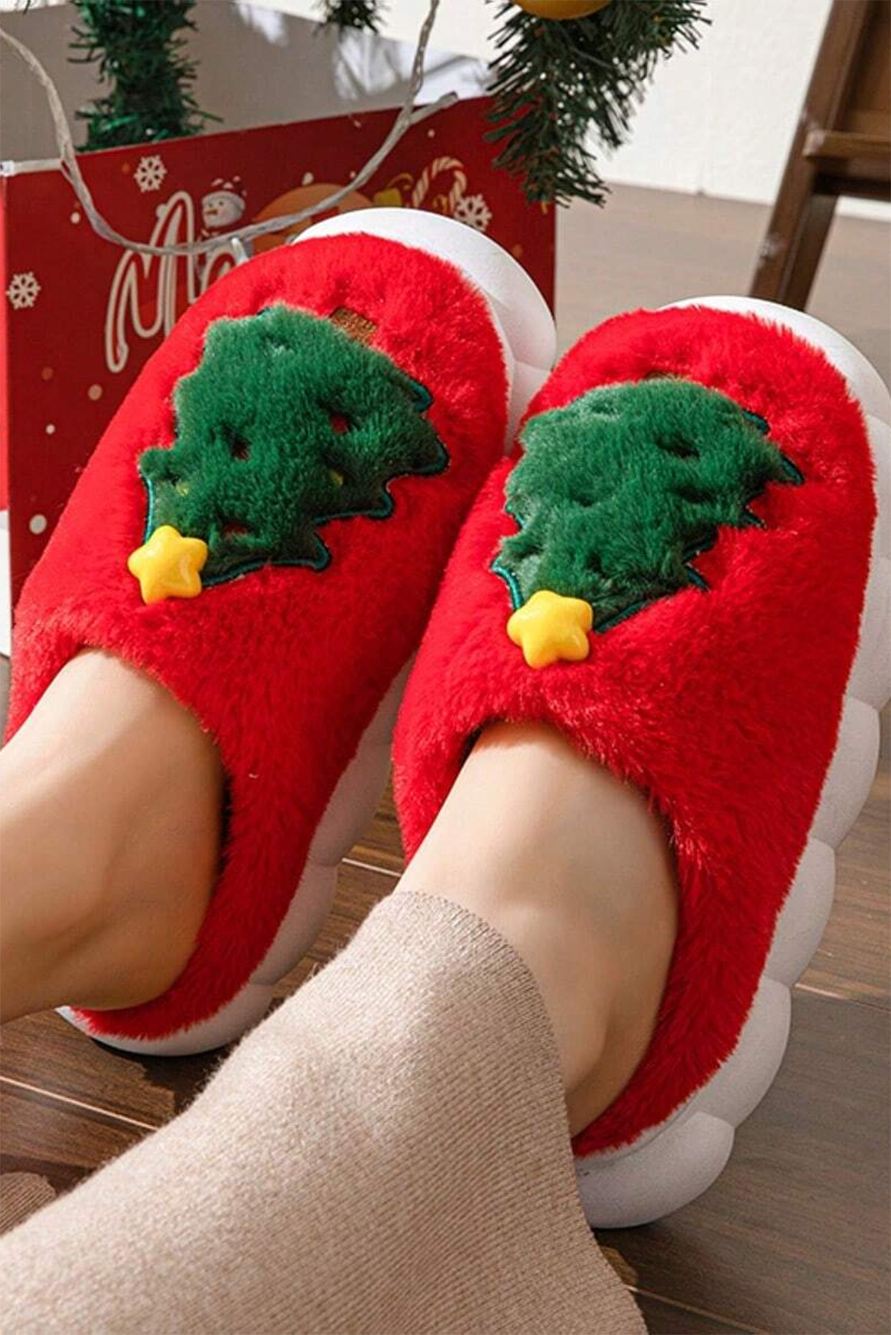 Fiery Red Christmas Tree Graphic Thick Sole Plush Slippers - loveforevers