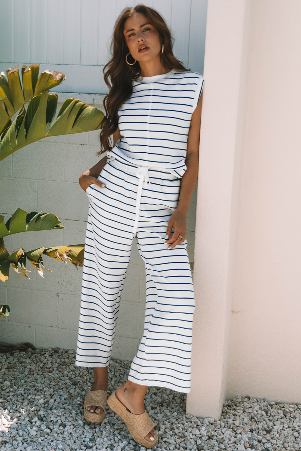 Sail Blue Casual Wide Leg 2pcs Pants Set - loveforevers