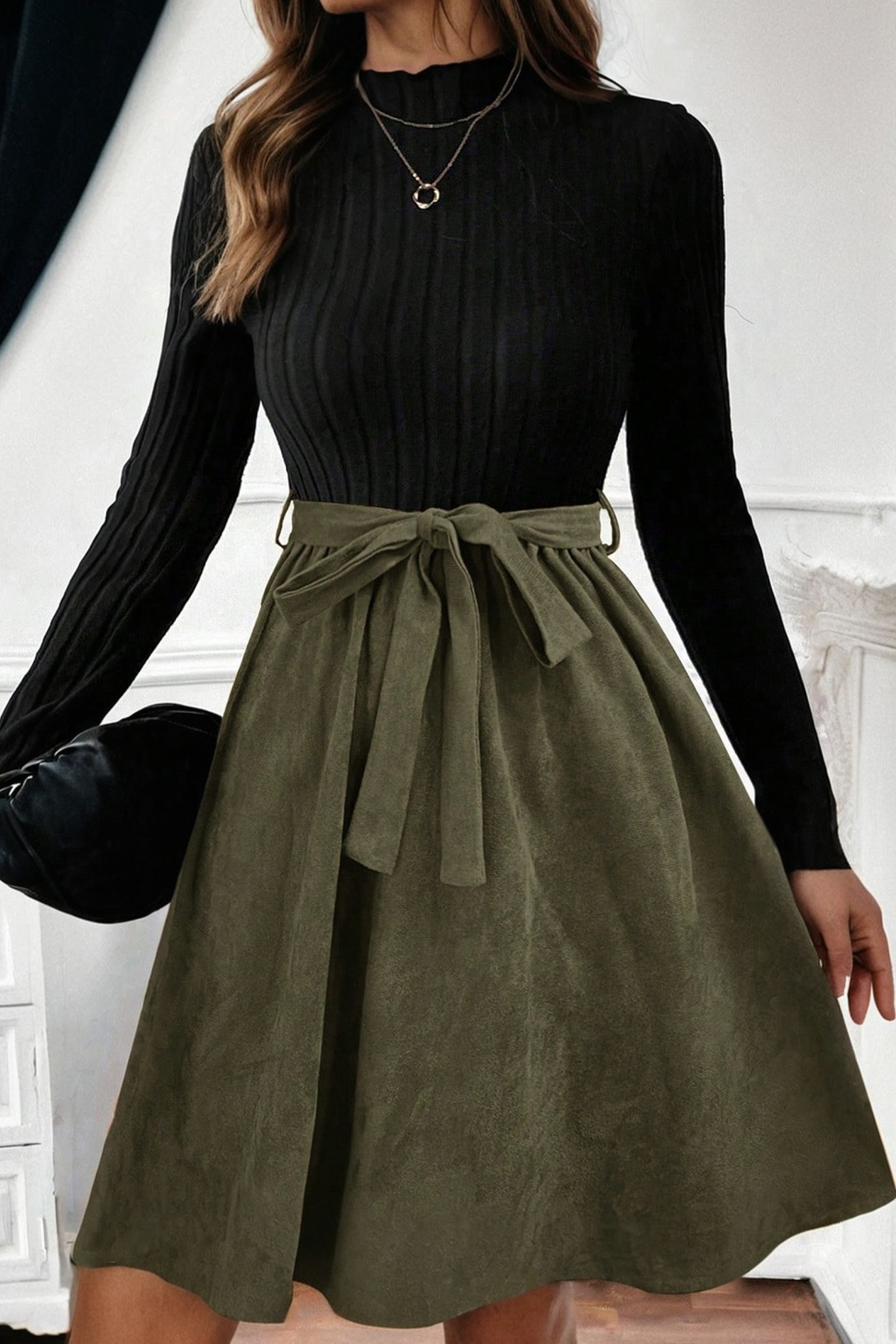 Black Ribbed Knit Slim Bodice Contrast Flared Skirt Patchwork Belted Dress - loveforevers