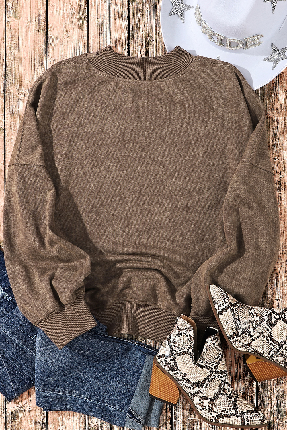 Brown Drop Shoulder Crew Neck Pullover Sweatshirt - loveforevers