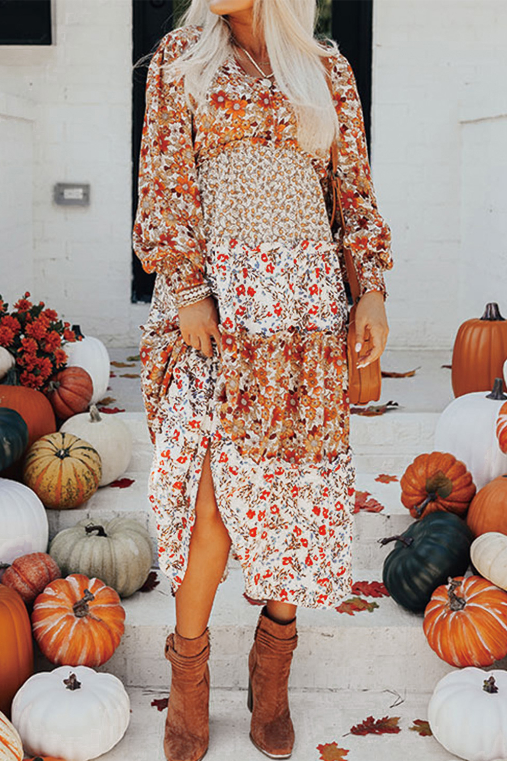 Khaki Floral Print Ruffled Tiered Long Sleeve V Neck Midi Dress - loveforevers