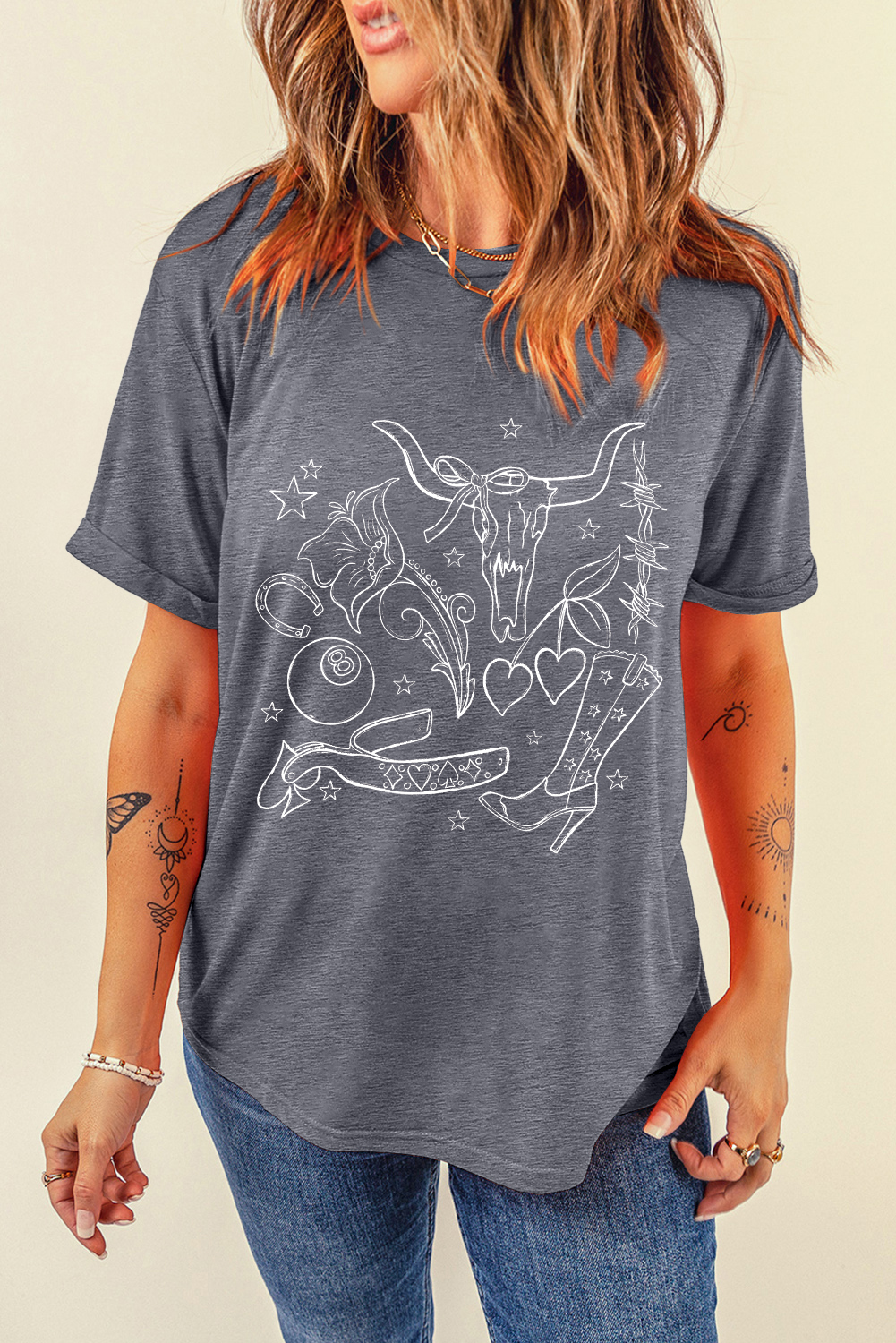 Gray Cowgirl Boots OX Head Western Fashion Print Crewneck Tee - loveforevers
