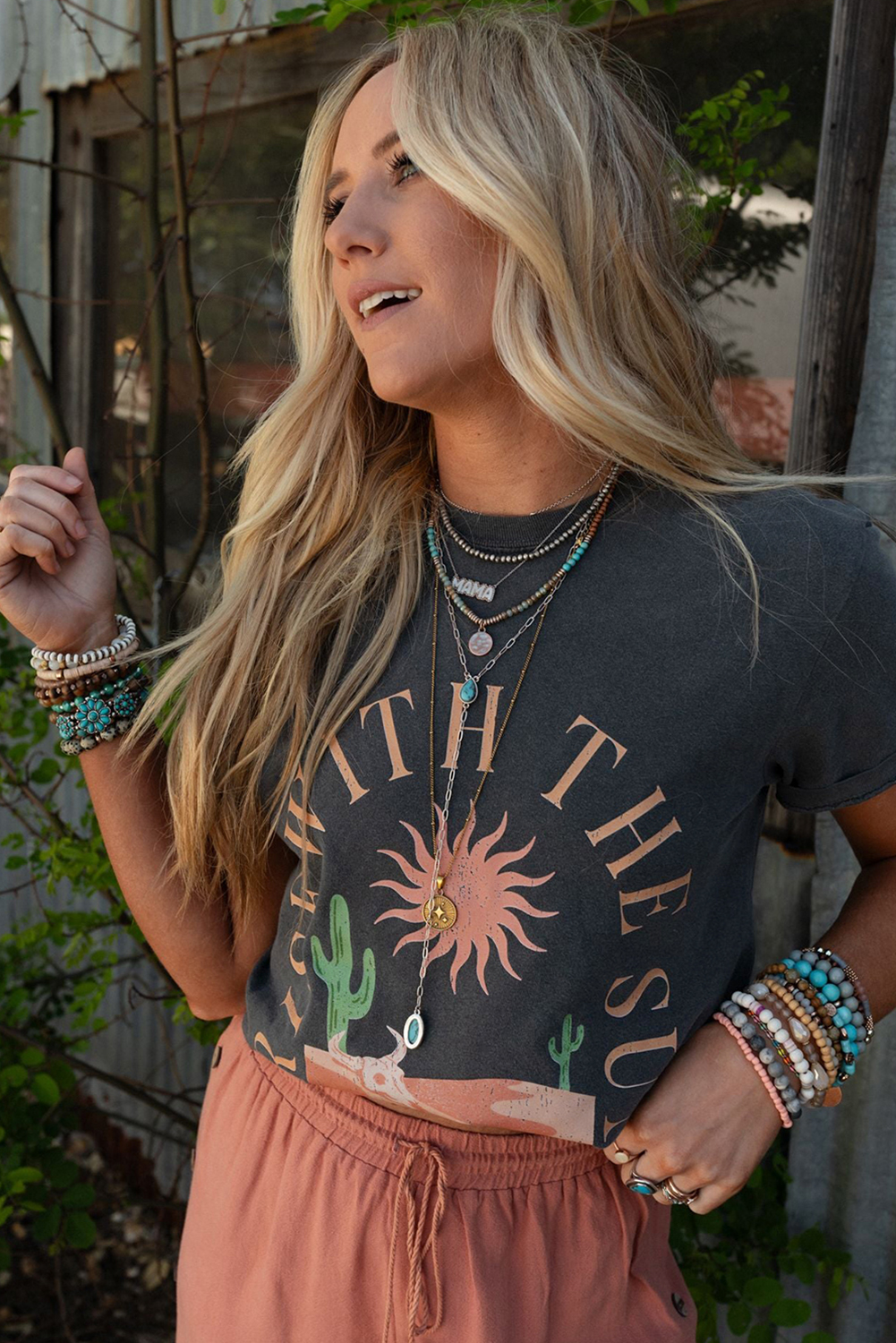 Dark Grey RISE WITH THE SUN Western Fashion Graphic Tee - loveforevers