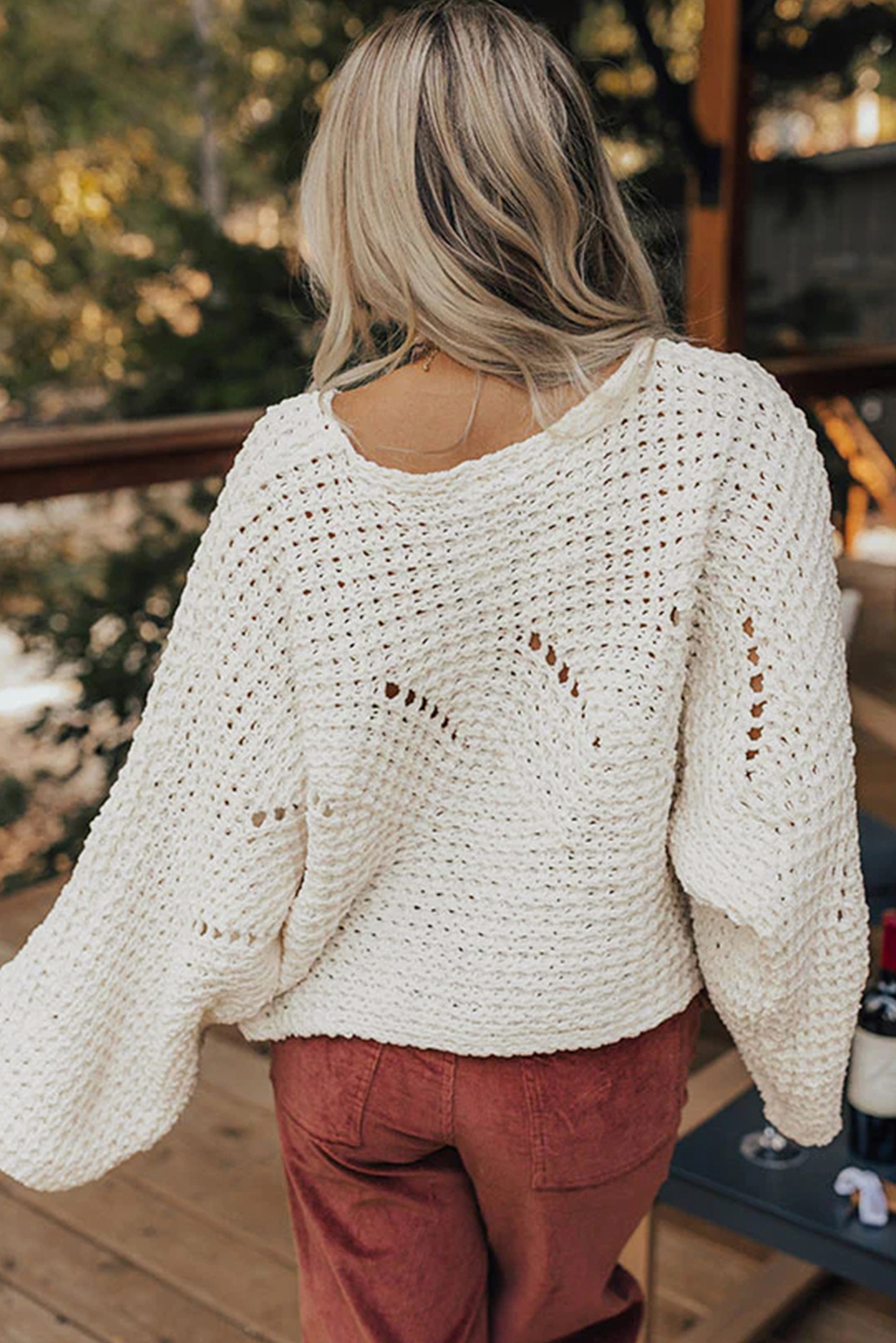 Camel Hollowed Detail Wide Sleeve Loose Pullover Sweater - loveforevers