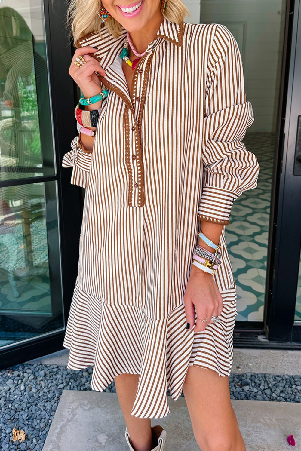 Khaki Stripe Shirt Collar Embroidered Trim Ruffle Hem Long Sleeve Mini Dress - loveforevers