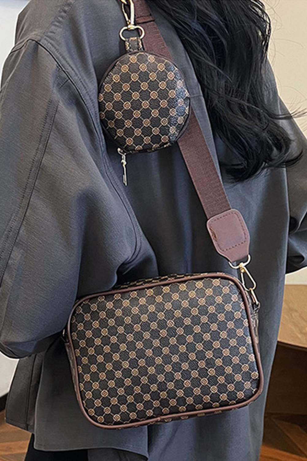 Coffee Checkered Print PU Leather Shoulder Bag with Coin Wallet - loveforevers