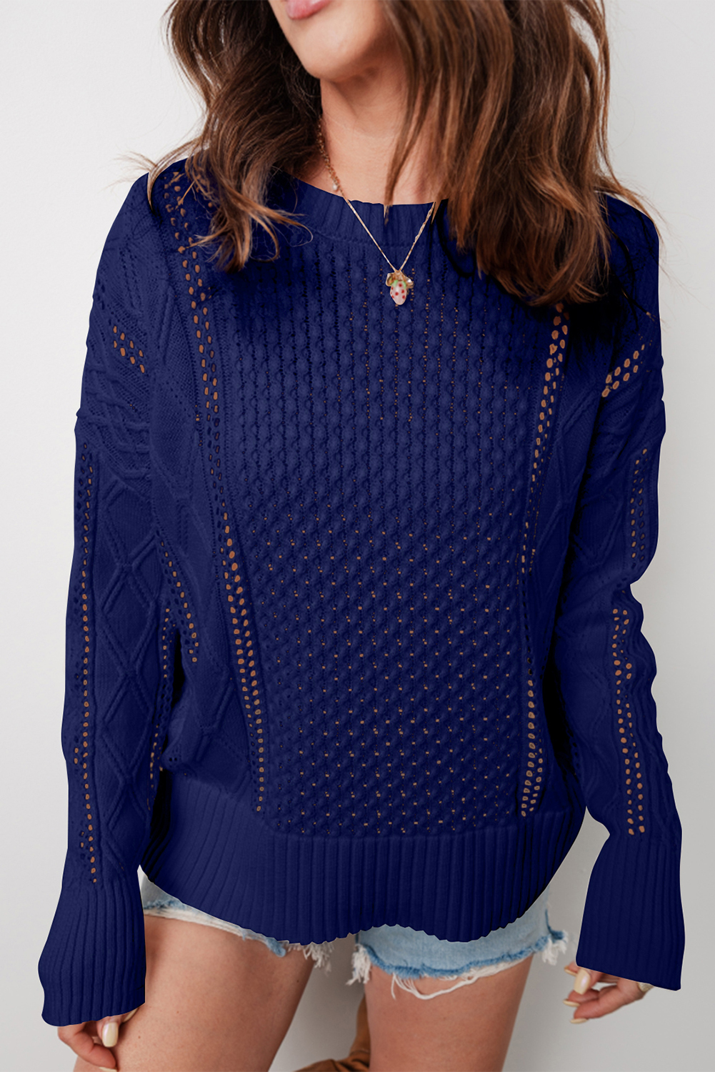 Navy Blue Mix Texture Knit Eyelet Detail Casual Sweater - loveforevers