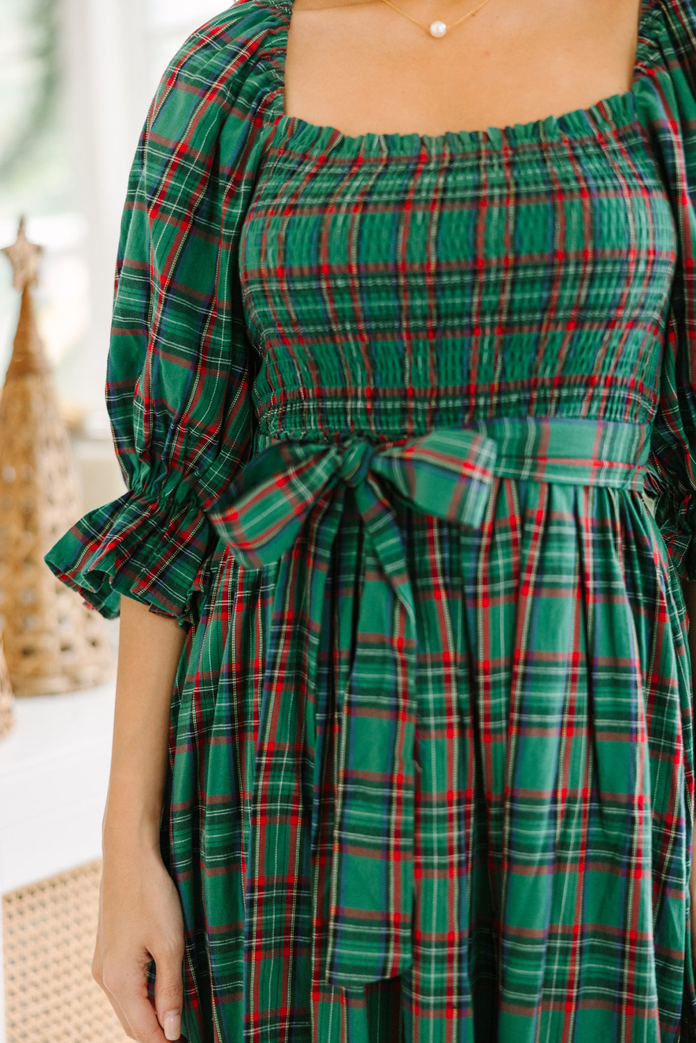 Red Tartan Plaid Square Neck Puff Sleeve Knot Waist Flared Midi Dress - loveforevers
