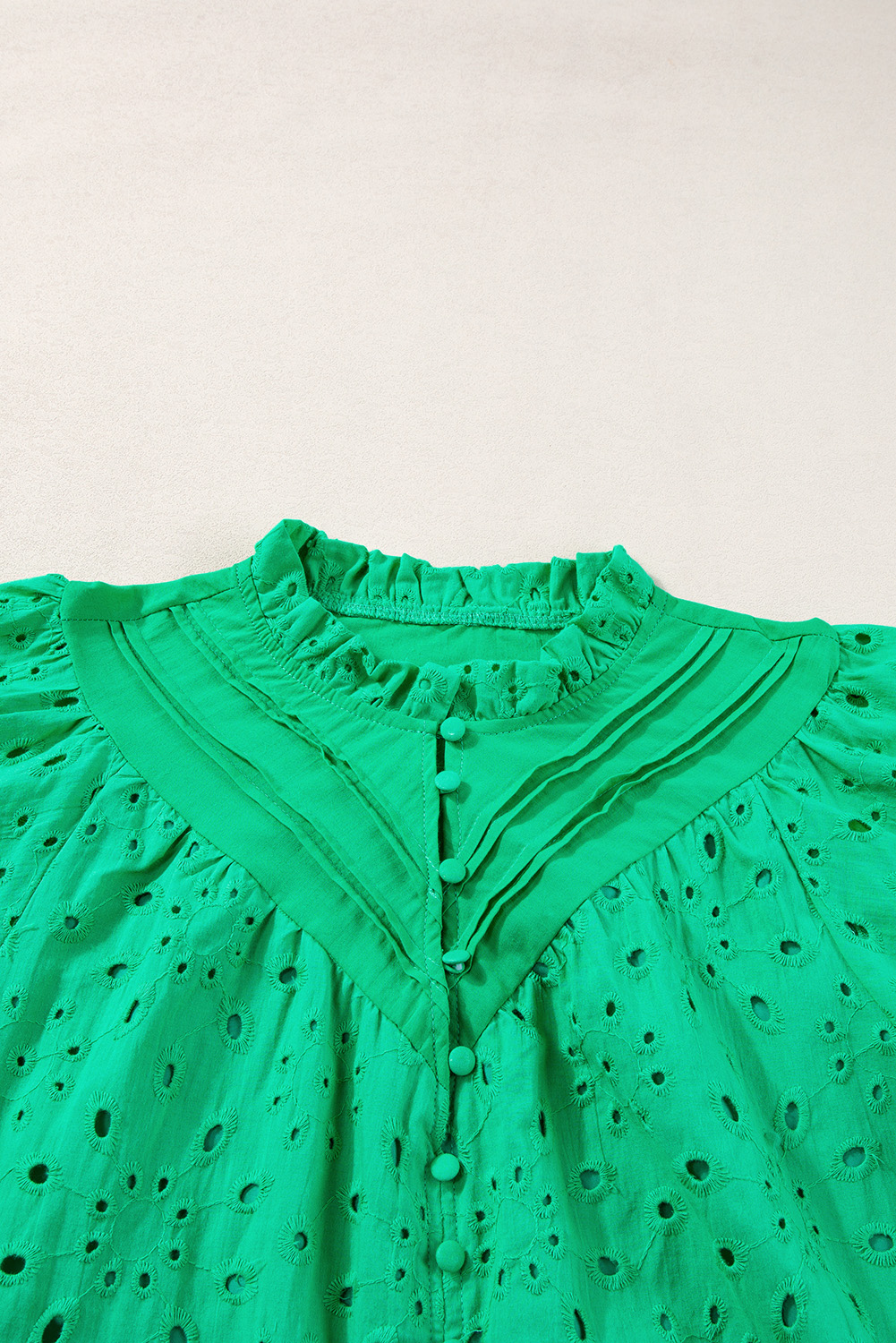 Green Flower Embroidered Hollow-out Puff Sleeve Blouse - loveforevers