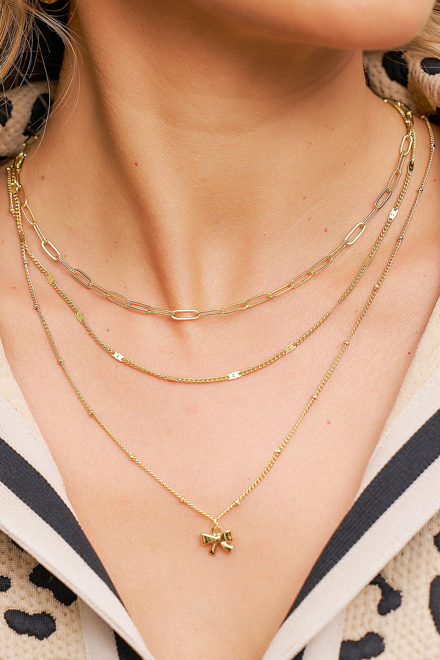 Gold Plated Trendy Paperclip Chain Bow Pendant 3pcs Necklace Set - loveforevers