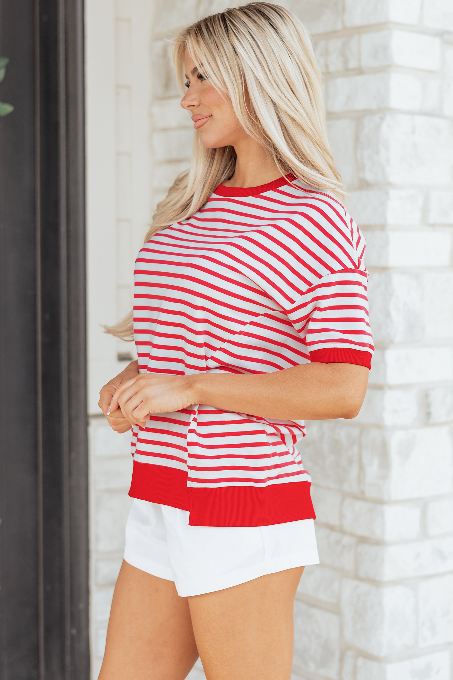 Red Stripe Drop Shoulder Half Sleeve T Shirt - loveforevers