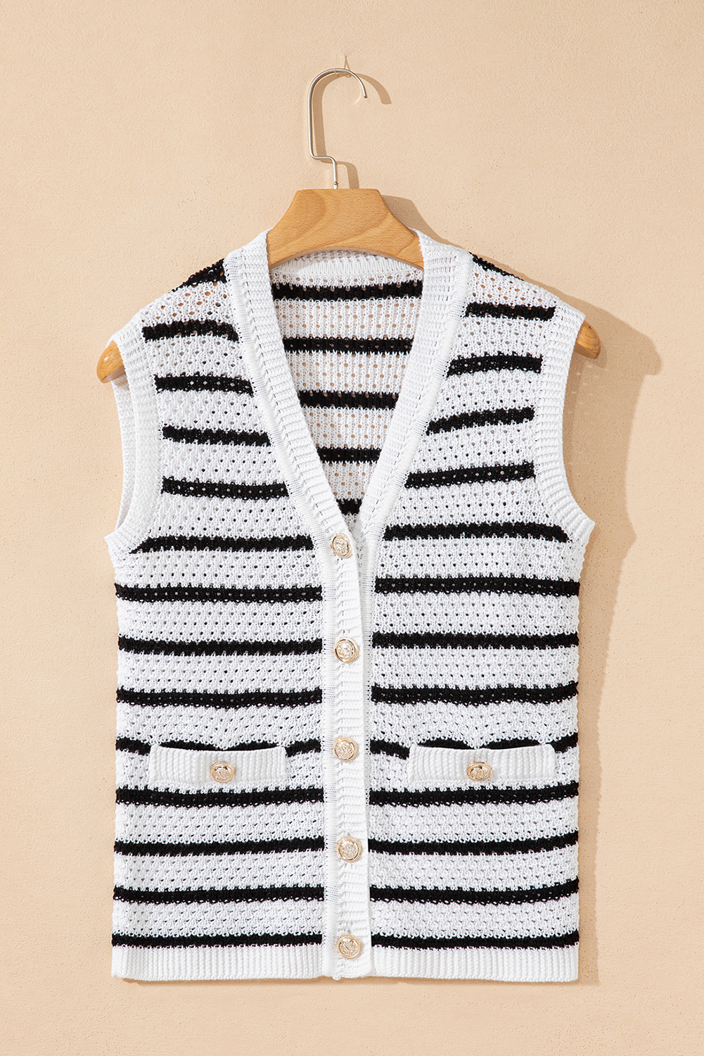 Sky Blue Stripe V Neck Gold Buttons Elegant Sweater Vest - loveforevers