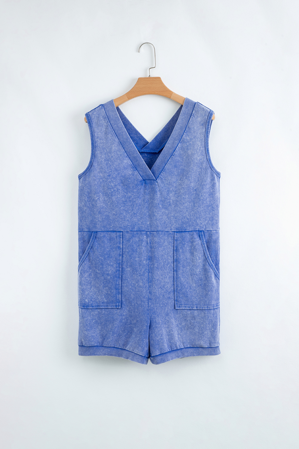 Sky Blue Mineral Wash Pocketed Sleeveless V Neck Loose Romper - loveforevers