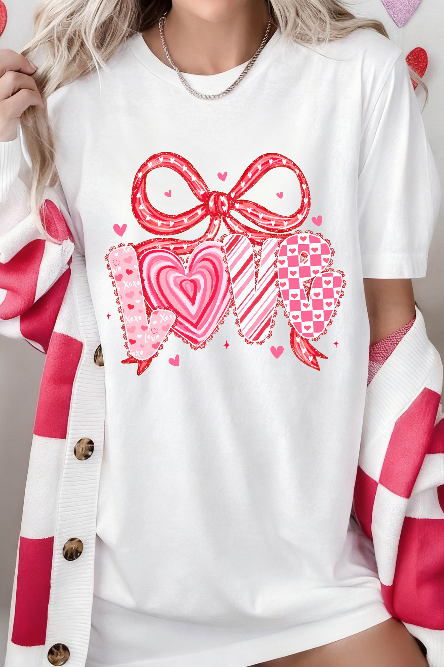 White Sweet LOVE Ribbon Bow Printed Valentines Day T Shirt - loveforevers