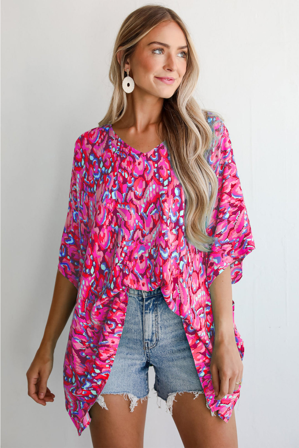 Pink Abstract Print V Neck Half Sleeve Loose Fit Tunic Blouse - loveforevers
