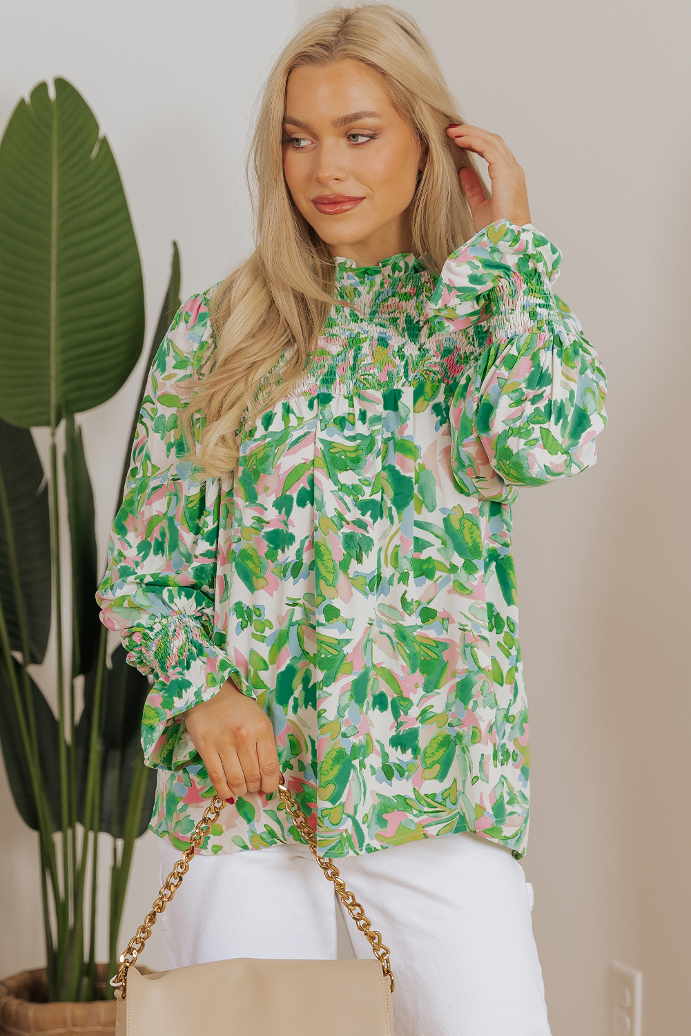Green Leafy Printed Flounce Sleeve Shirred Mock Neck Blouse - loveforevers