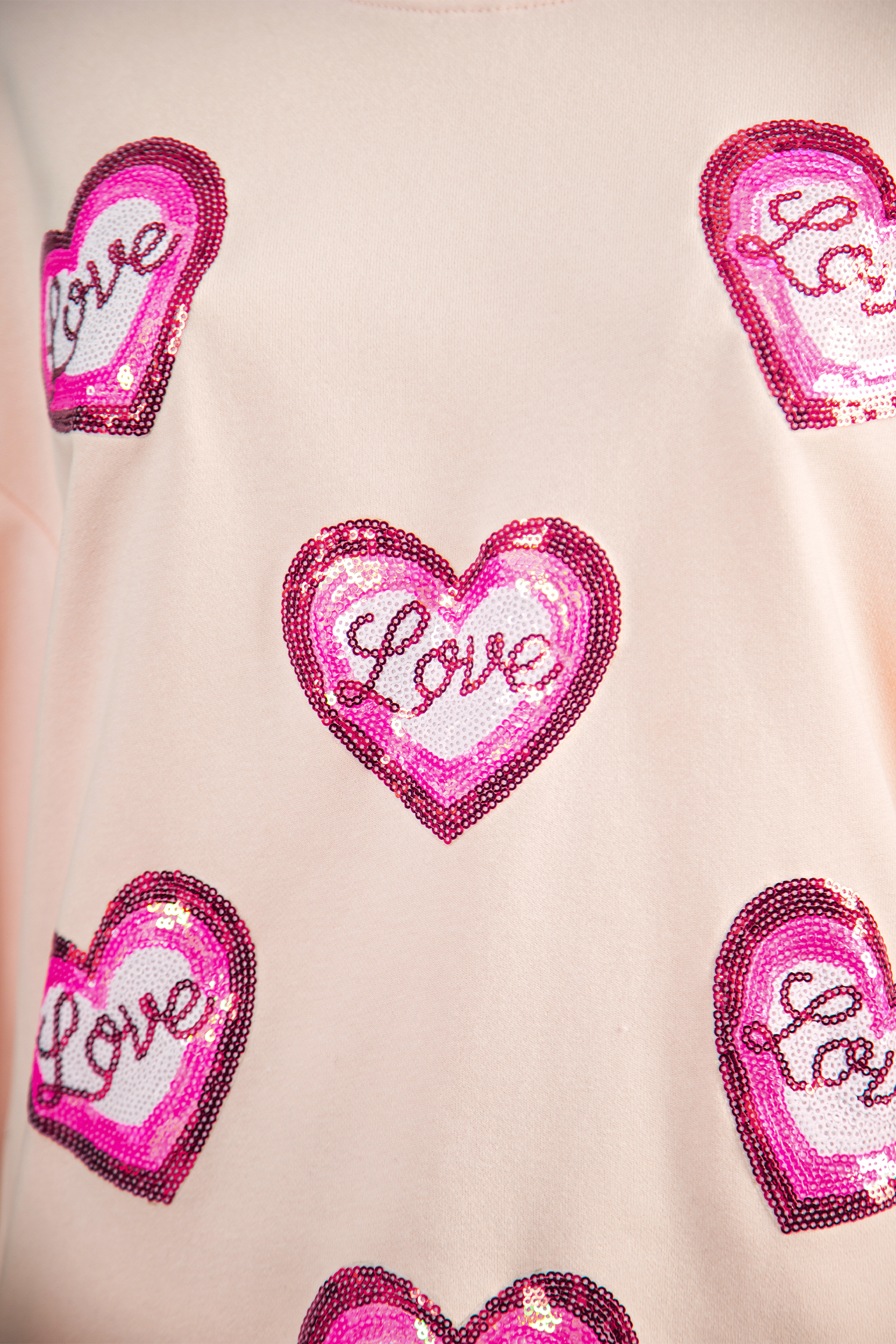 Apricot Pink Sequin Love Heart Patched Mock Neck Sweatshirt - loveforevers