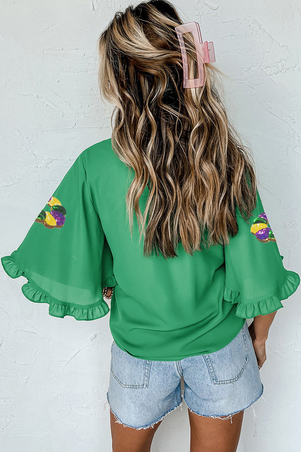 Green Sequin Doughnut Graphic Ruffled Trim Bell Sleeve Mardi Gras Blouse - loveforevers
