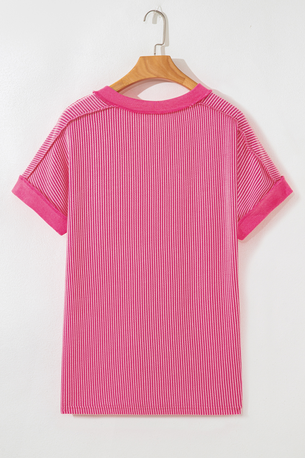 Rose Red Twisted Ribbed Knit V Neck Casual Tee - loveforevers