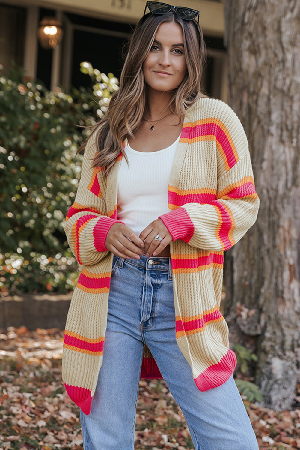 Stripe Printed Ribbed Long Knitted Cardigan - loveforevers