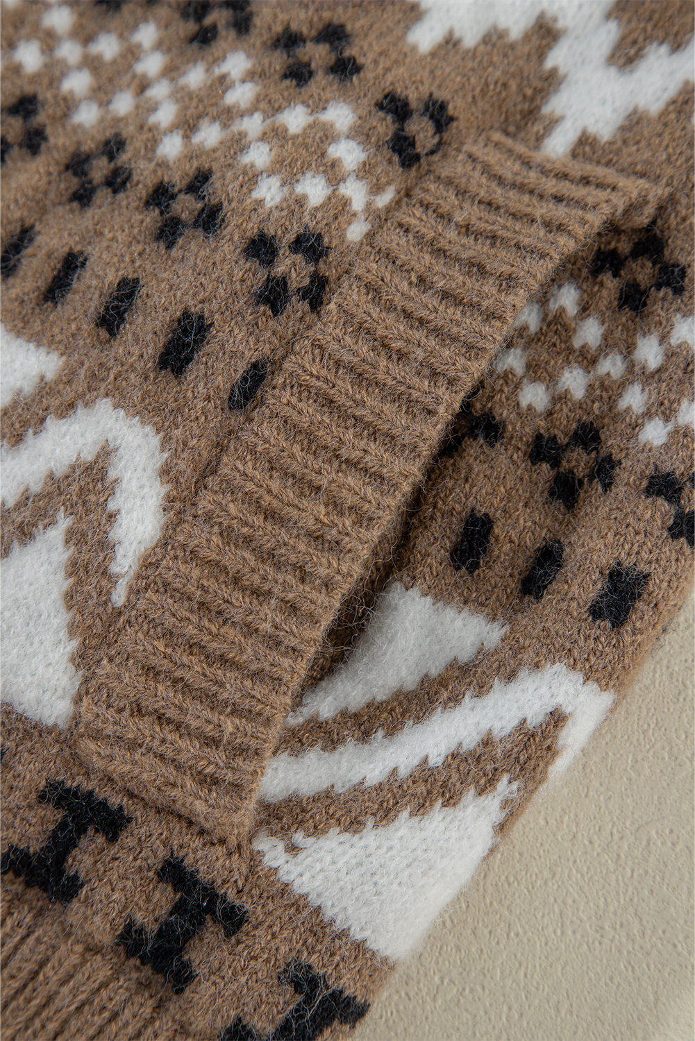 Brown Western Printed Ribbed Trim Collared Zip up Cardigan - loveforevers