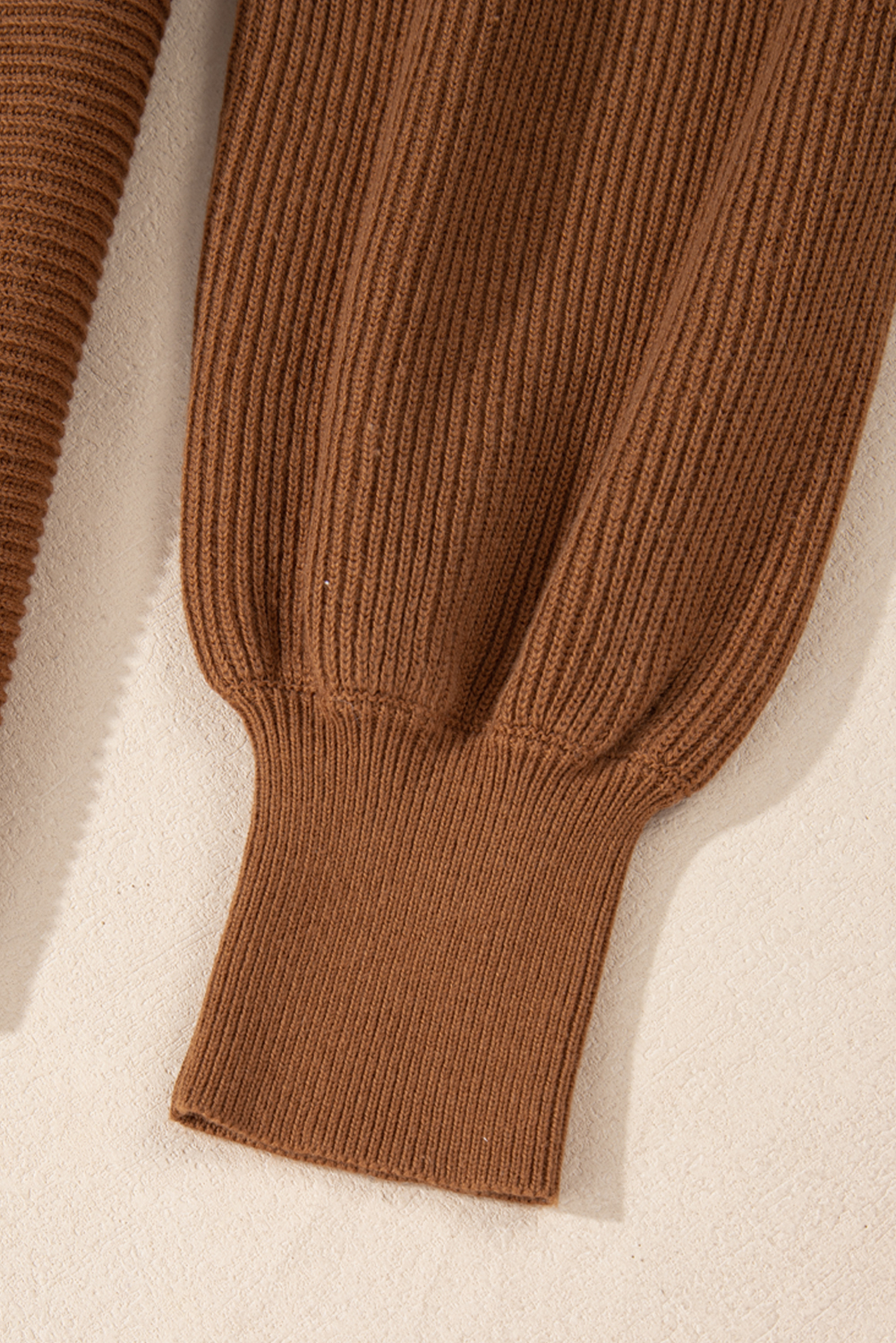 Camel Ribbed Knit Drop Sleeve V Neck Loose Fit Sweater - loveforevers