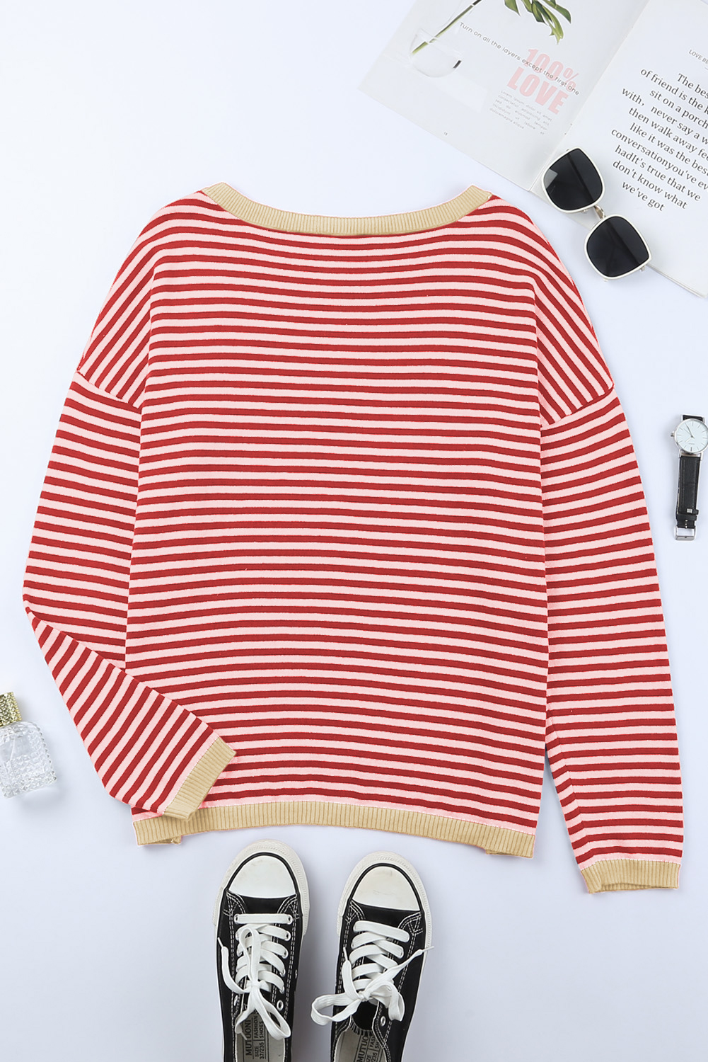 Fiery Red Striped Contrast Trimmed Drop Shoulder Sweater - loveforevers
