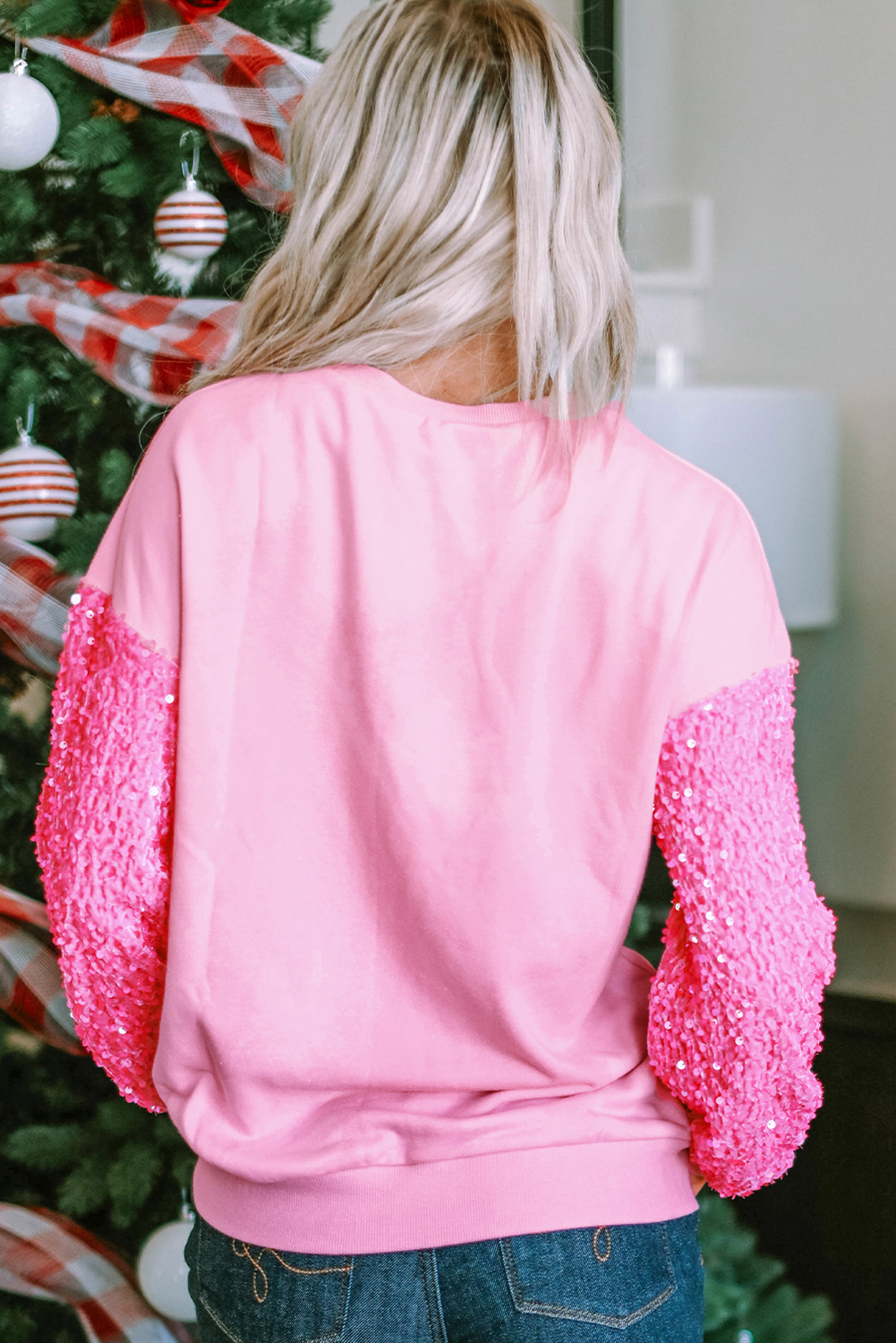 Pink Shiny Father Christmas Graphic Sequin Long Sleeve Top - loveforevers