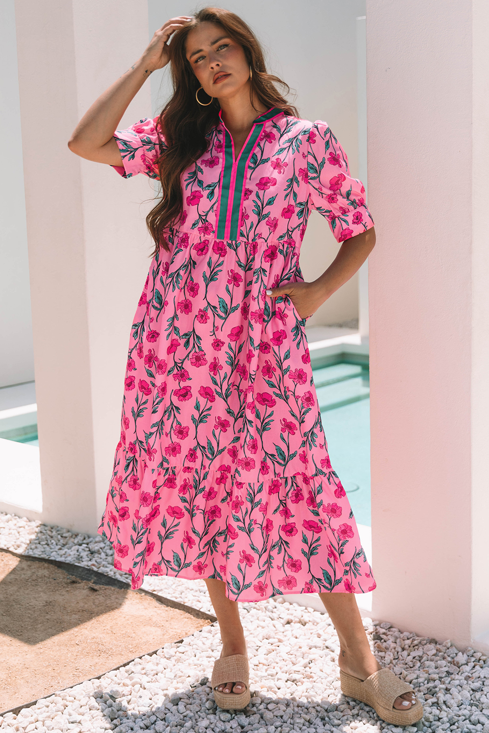 Pink Floral Contrast Neckline A-line Puff Sleeve Long Dress - loveforevers