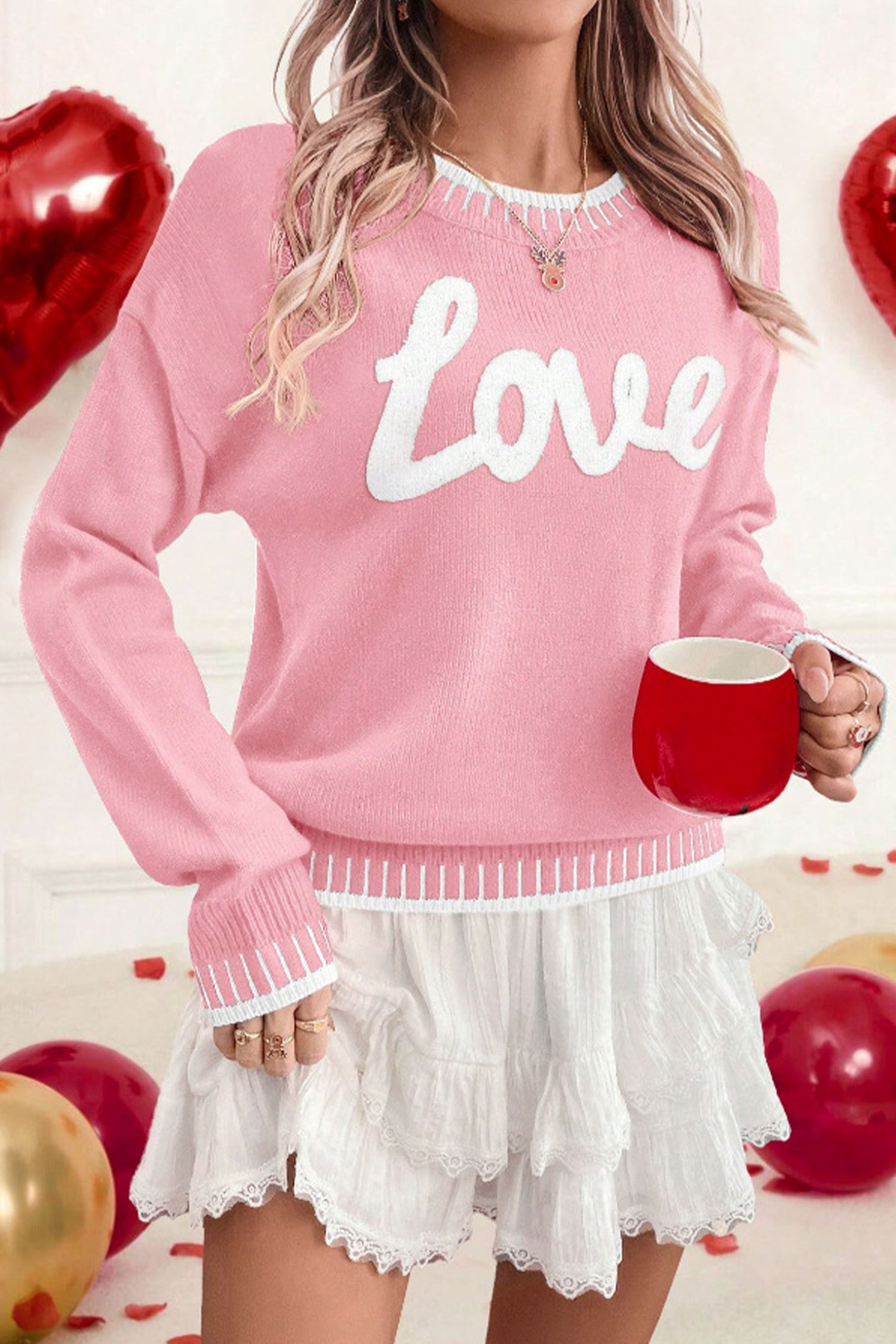 Light Blue Valentine Love Chenille Letter Graphic Sweater - loveforevers