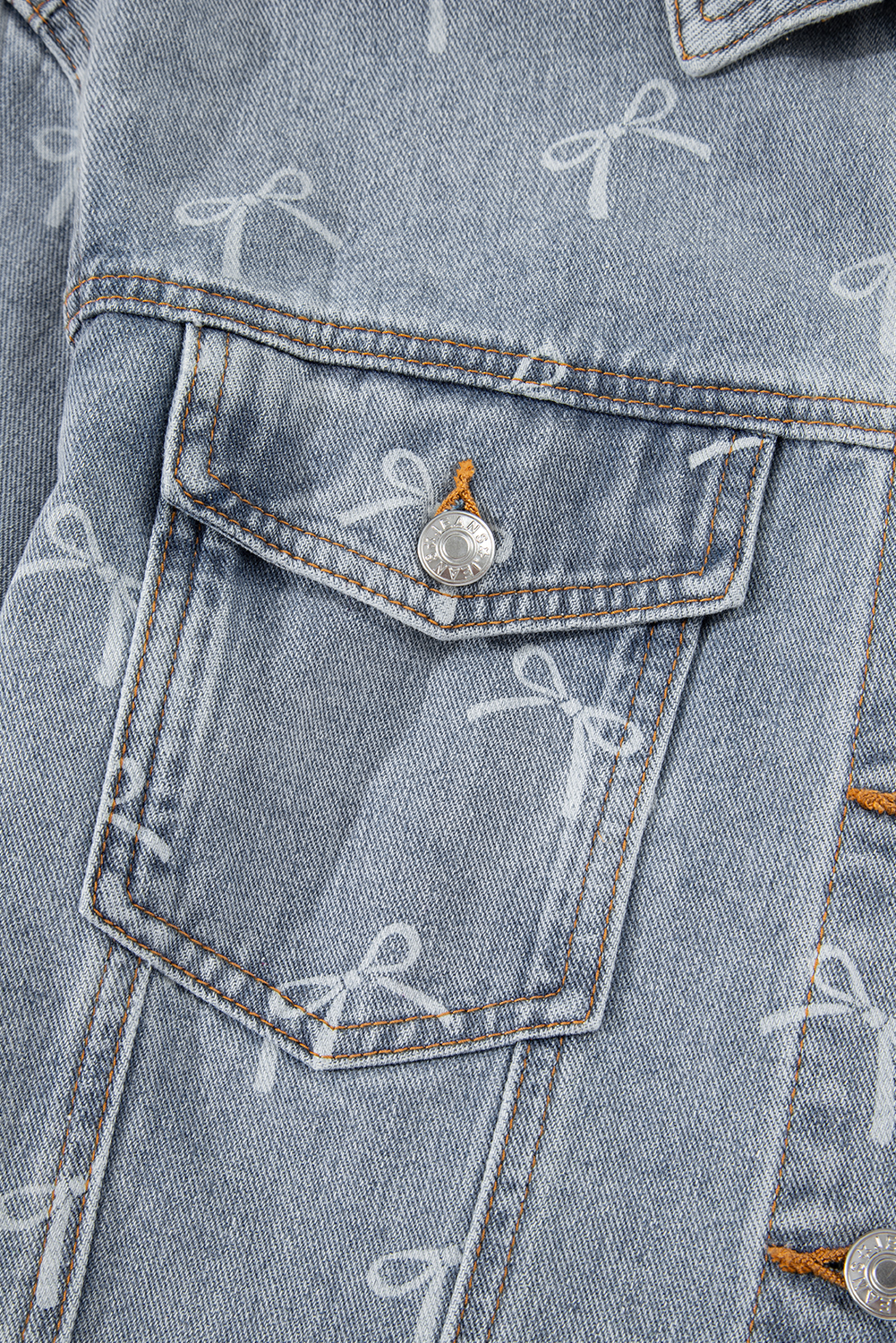 Sky Blue Bow Knot Print Light Wash Raw Hem Denim Jacket - loveforevers