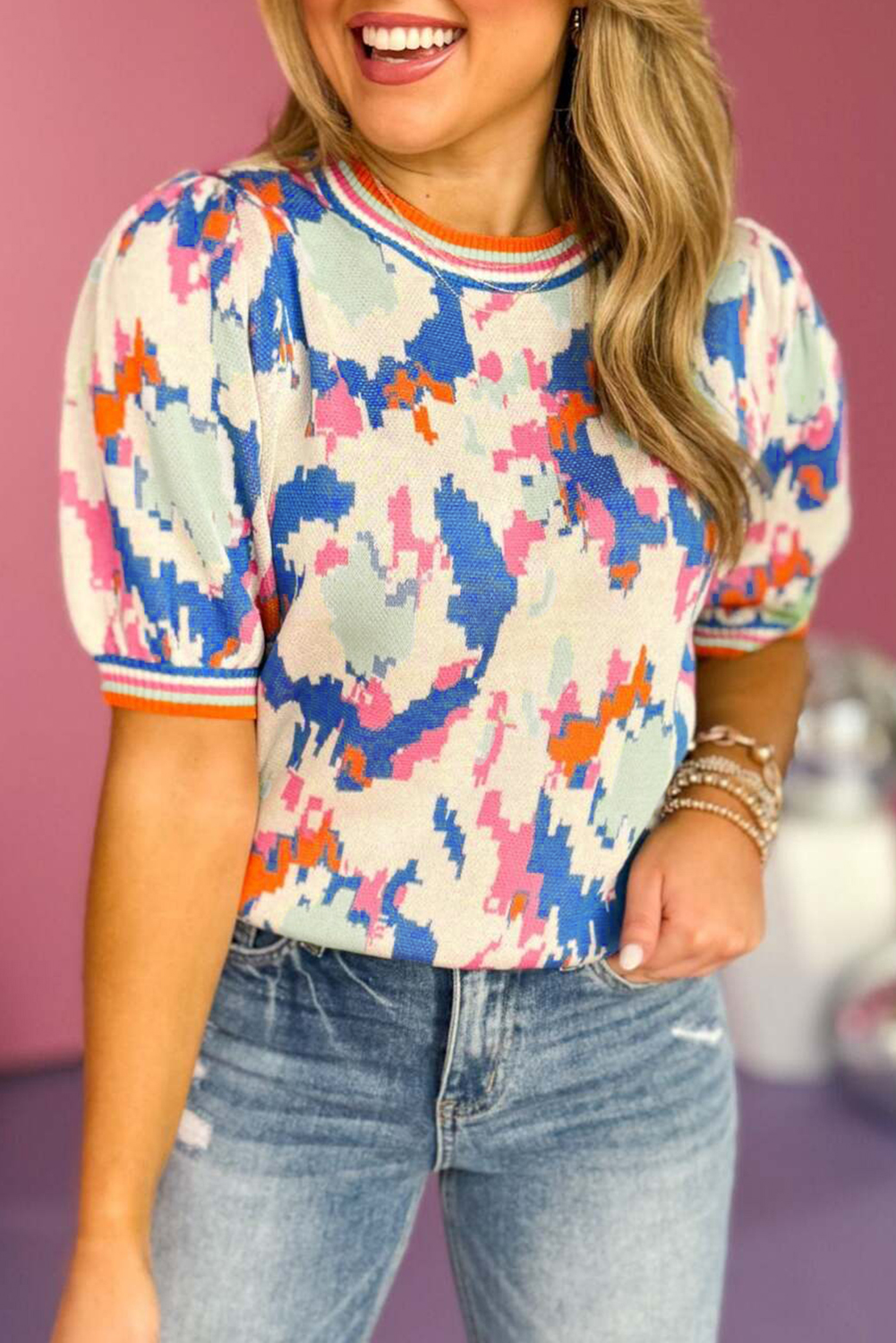 Apricot Abstract Pattern Knit Contrast Striped Trim Short Sleeve Sweater - loveforevers