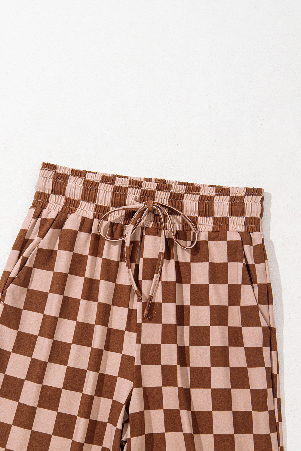 Khaki Checkered Elastic High Waist Loose Casual Pants - loveforevers