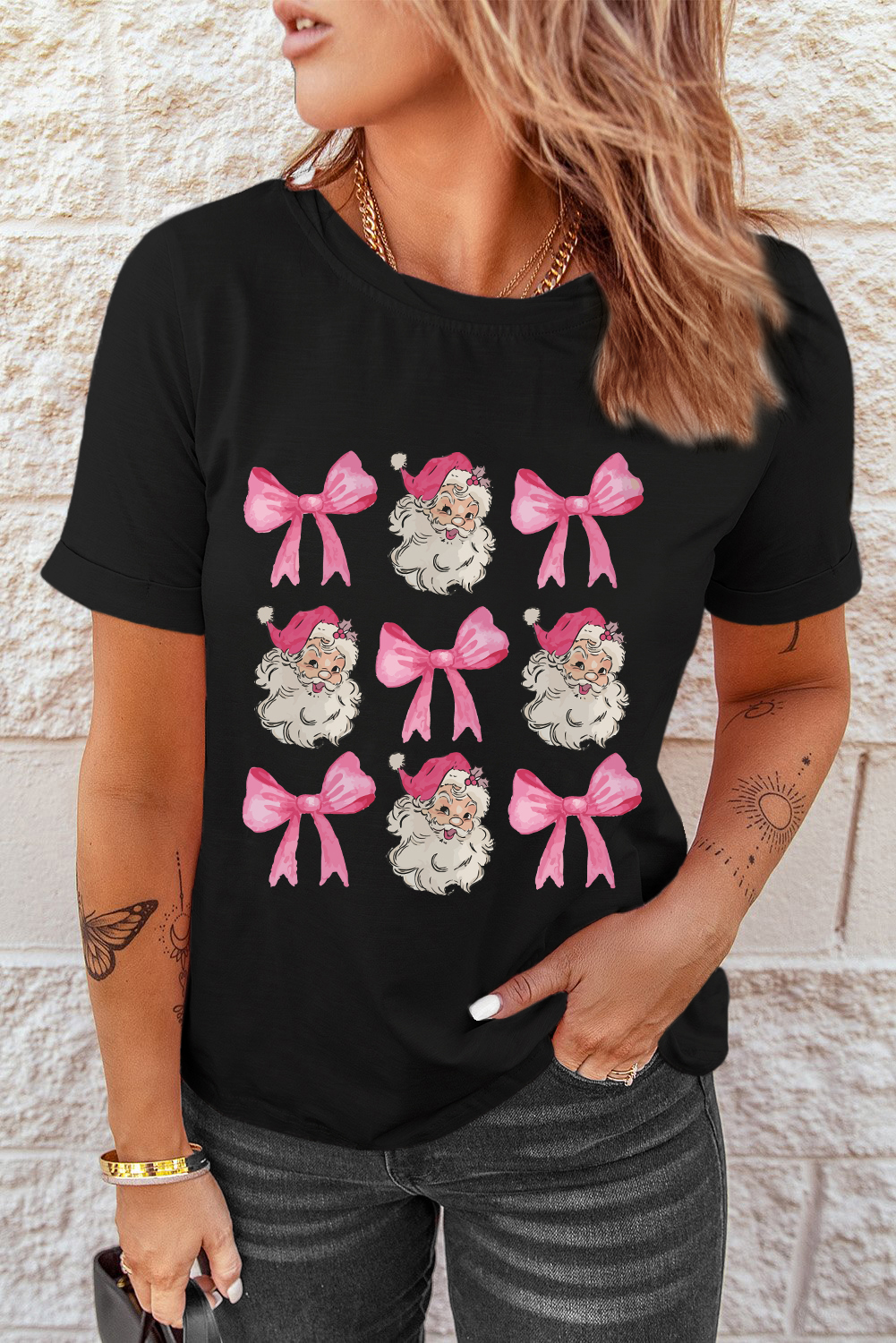 Black Santa Claus Bow Knot Christmas Graphic T Shirt - loveforevers