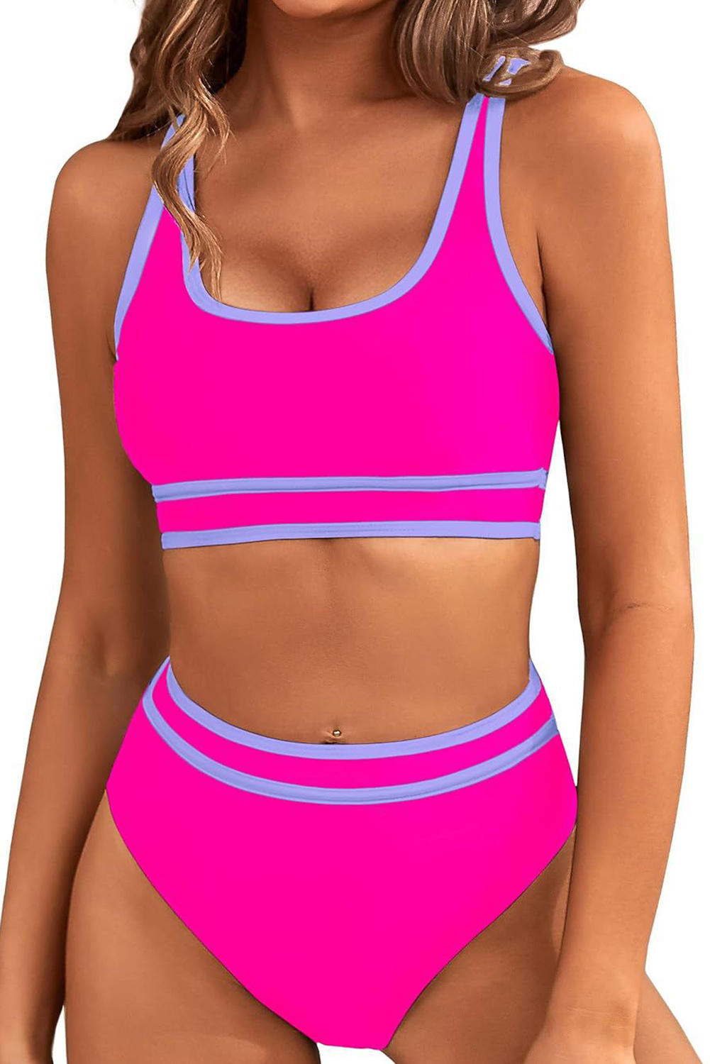 Rose Red Contrast Trimmed U Neck High Waist Bikini - loveforevers