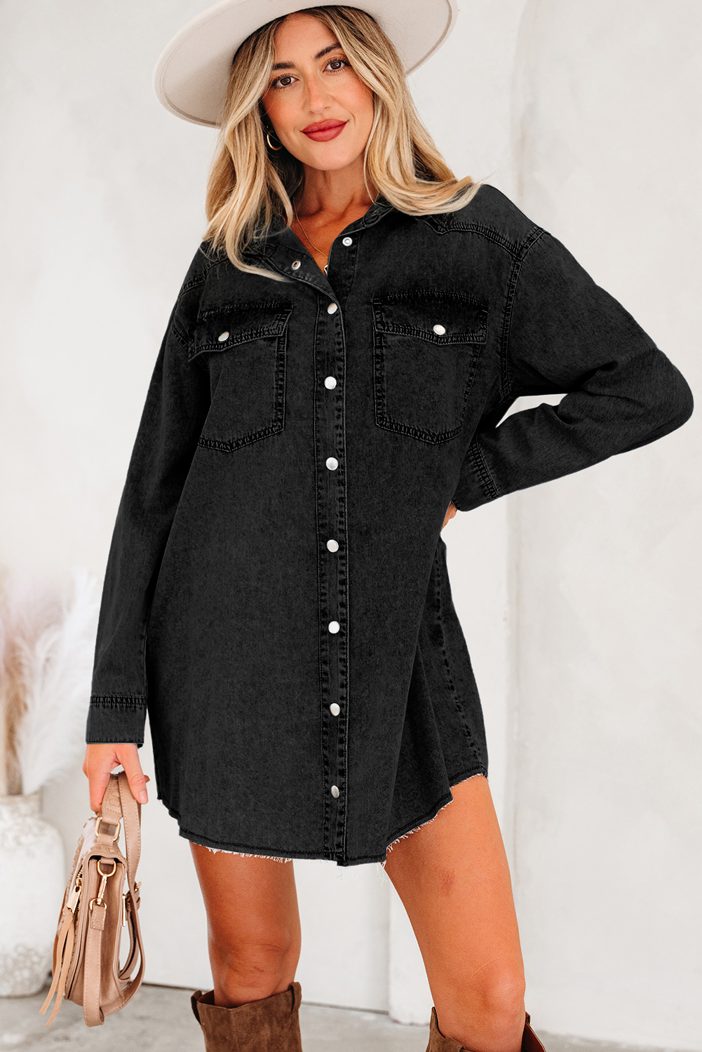 Blue Beau Chest Pocket Raw Hem Denim Loose Shirt Dress - loveforevers