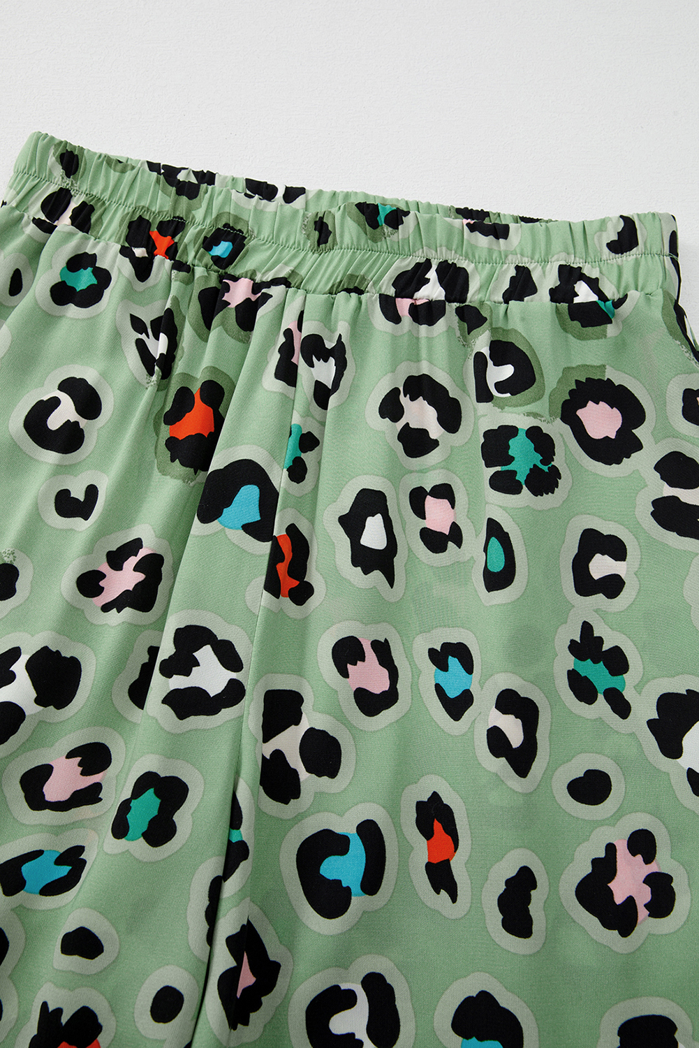 Green Leopard Print Short Sleeve Shirt and Wide Leg Pants Set - loveforevers