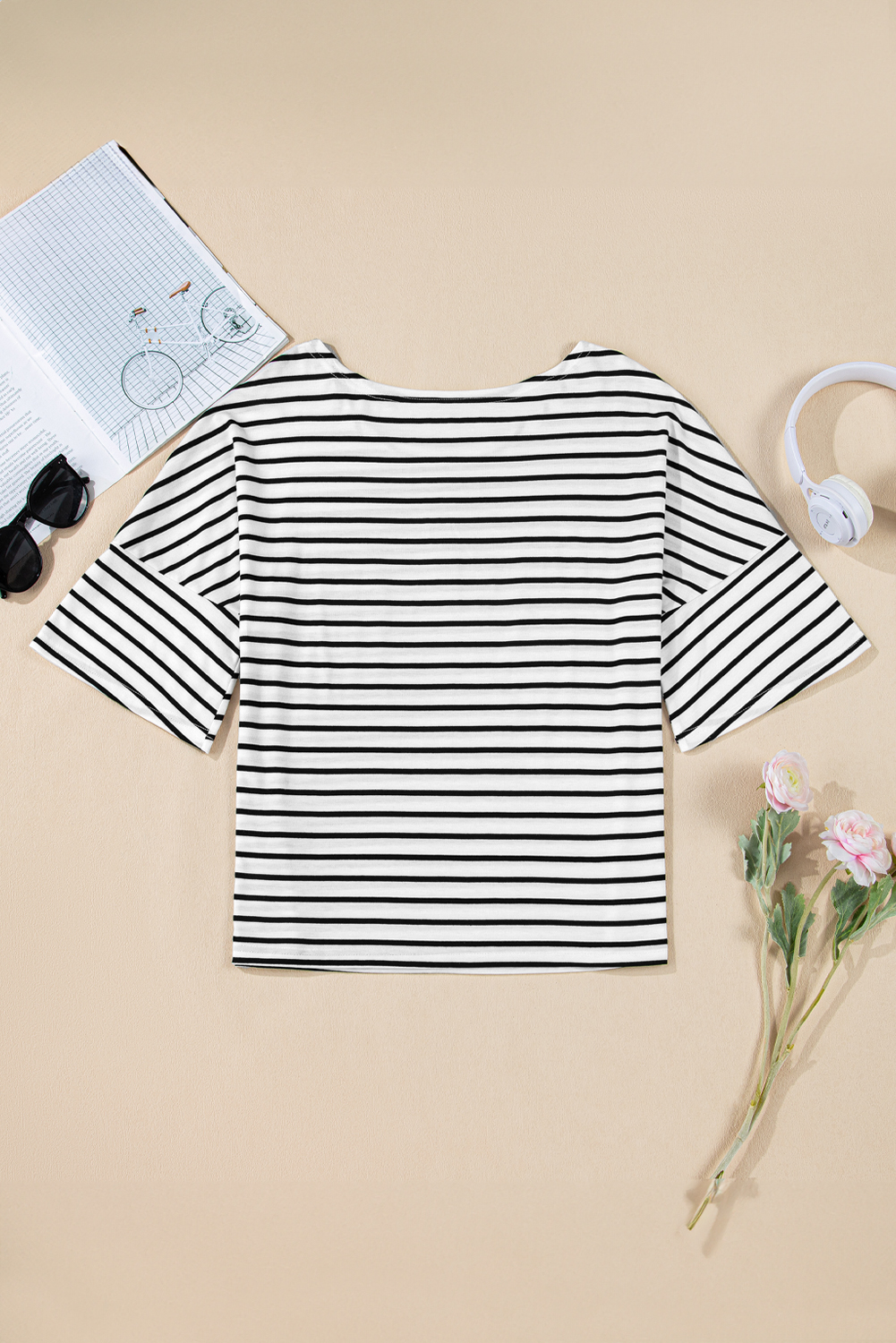 Black Stripe Half Sleeve Scoop Neck Loose Top - loveforevers