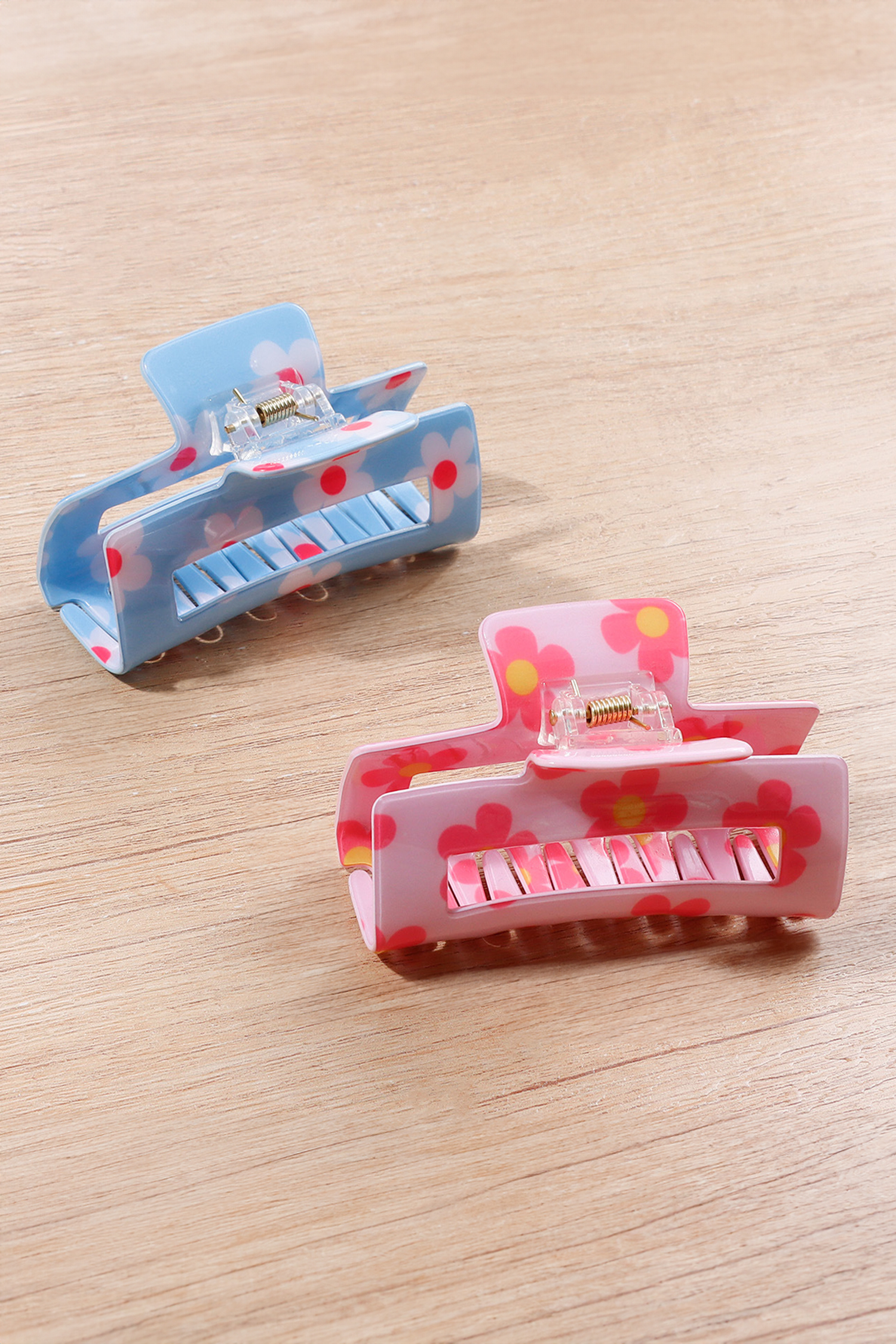 Pink Dainty Flower Printed Rectangular Hollowed Hair Claw Clip - loveforevers