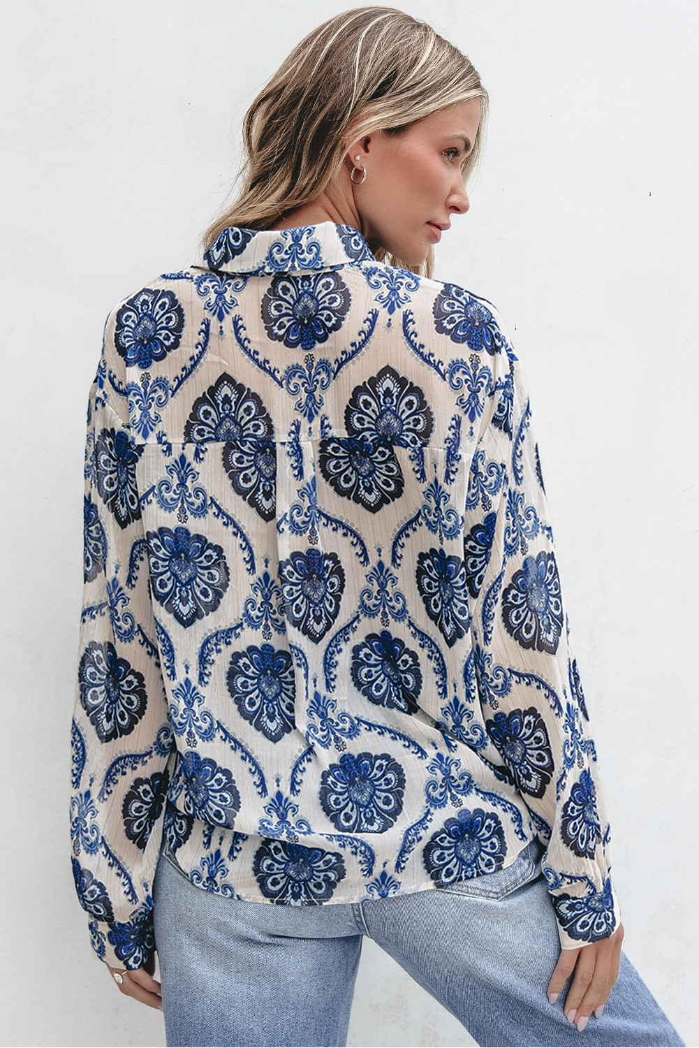 Blue Tribal Pattern Buttoned Front Loose Shirt - loveforevers