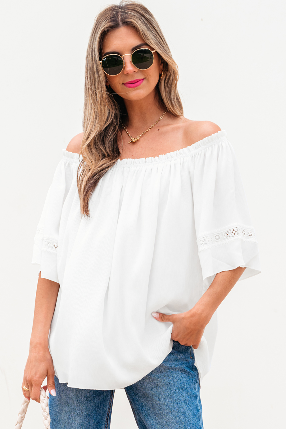 White Frilly Off Shoulder Lace Insert Sleeve Textured Blouse - loveforevers