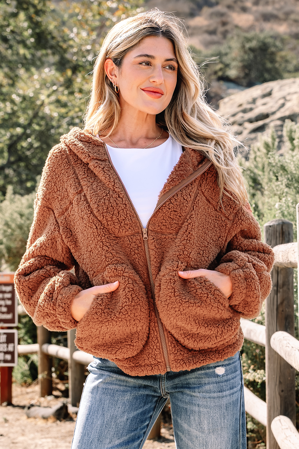 Straw Yellow Zip Up Hooded Sherpa Jacket - loveforevers